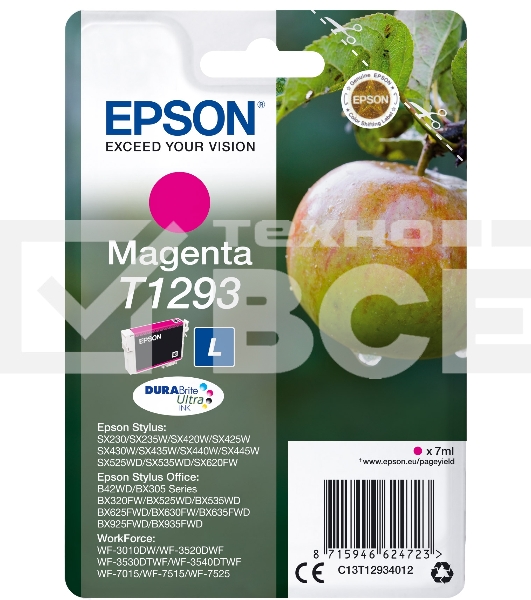 Картридж струйный Epson T1293 (C13T12934012/C13T12934011/C13T12934010) пурпурный (7 мл) для SX420/425/525WD/B42WD/BX320FW