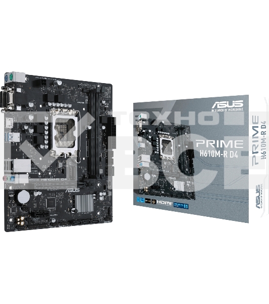 Материнская плата ASUS PRIME H610M-R D4-SI, LGA 1700, Intel H610, 2xDDR4, 4xSATA, 1xM.2 PCIe 3.0 x4, 1xPCIe 4.0 x16, 1xPCIe x1, 1xHDMI, 1xDVI, 1xVGA, 2xUSB-A 2.0, 2xUSB-A 3.2 Gen 1, 1x 1Gb LAN, 3x3.5 мм, 7.1, mATX