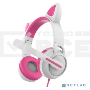 Гарнитура для игр и стриминга с подсветкой, складная, Qumo Game Cat White&pink (GHS 0035), подключение 1х3,5 Jack + питание USB
