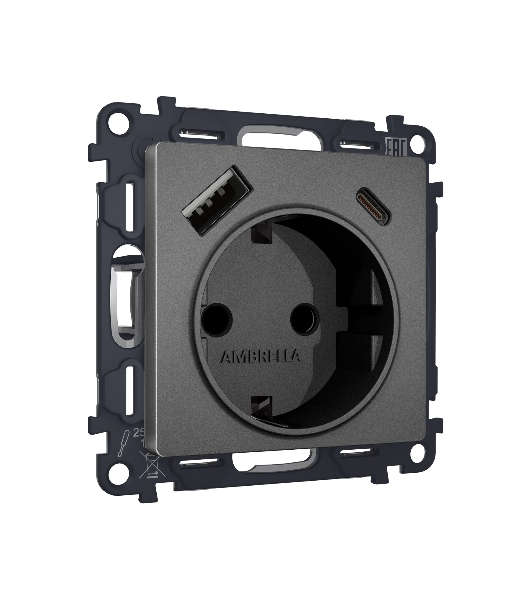 Комплект механизма электрической розетки ALFA Антрацит серый 2USB A+C 20W (быстрая зарядка) с/з QUANT (AP6600, VM160) MA660010