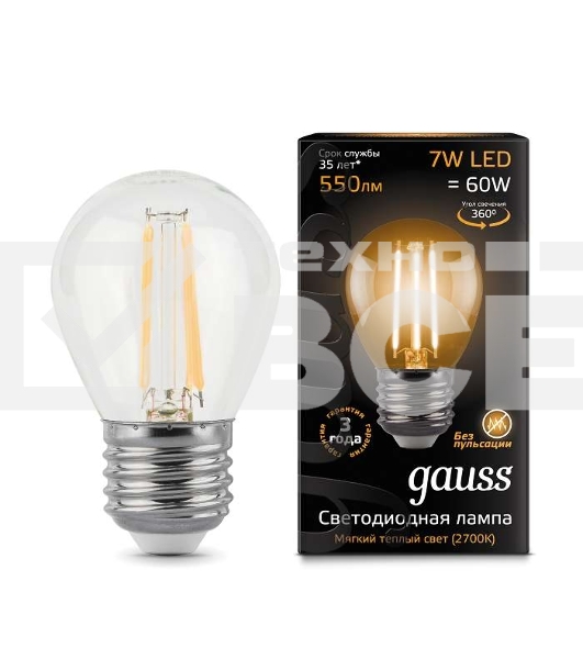 Светодиодная лампа GAUSS 105802107 LED Filament Шар E27 7W 550lm 2700K 1/10/50
