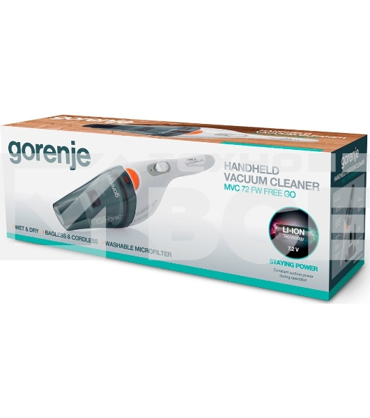 Пылесос ручной Gorenje MVC72FW белый, питание от аккумулятора, 55 Вт, уборка влажная и сухая, пылесборник 0.4 л, работа от АКБ max 14 мин