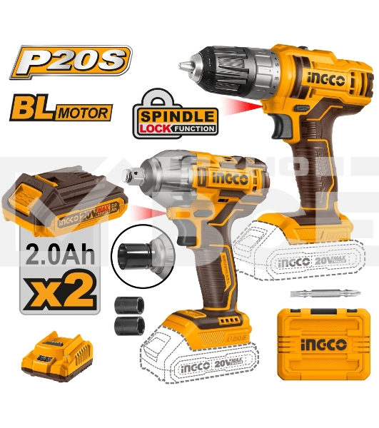 Набор аккумуляторных инструментовт Li-Ion 2шт Ingco COSLI230702 (шуруповерт INGCO CDLI200528, гайковерт INGCO CIWLI2038, 2 акк, ЗУ, Сумка)