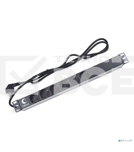 Блок силовых розеток Cabeus, Shuko х 6, вход Schuko, для шкафов, шнур 2 м, 50х490х50 мм (ВхШхГ), 16А, черный