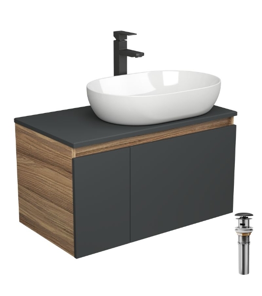 Комплект для ванной, 4 предмета (Тумба подвесная Bau Blackwood 80 графит + Раковина BAU 59х40 + Смеситель высокий Hotel Black, черный, выпуск черный)