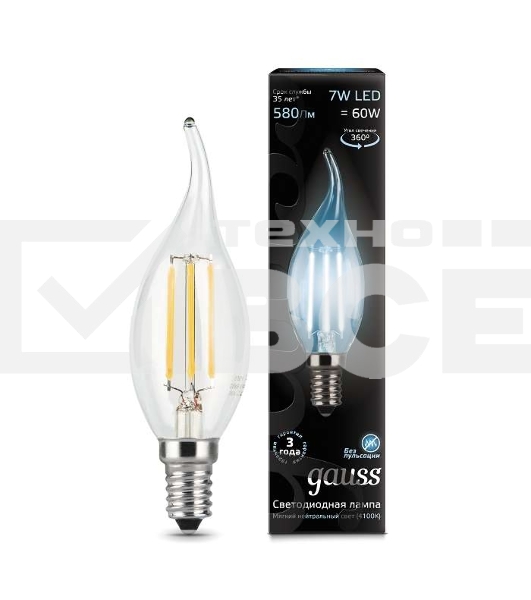 Светодиодная лампа GAUSS 104801207 LED Filament Свеча на ветру E14 7W 580lm 4100К 1/10/50