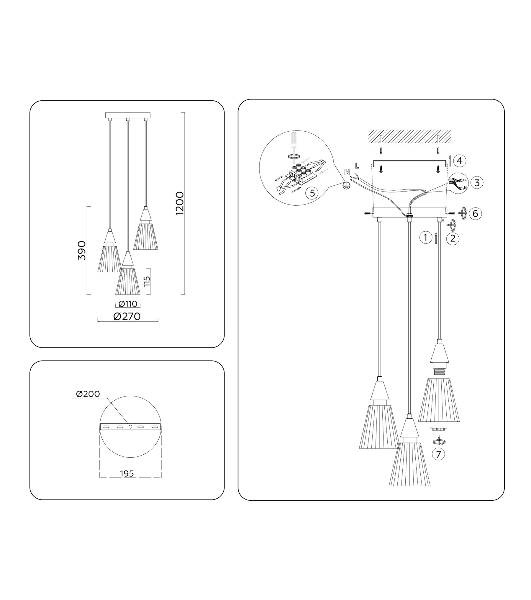 Светильник Ambrella light LH58112/3 BK/LW/SM черный/светлое дерево/дымчатый E14*3 max 40W D270*1200