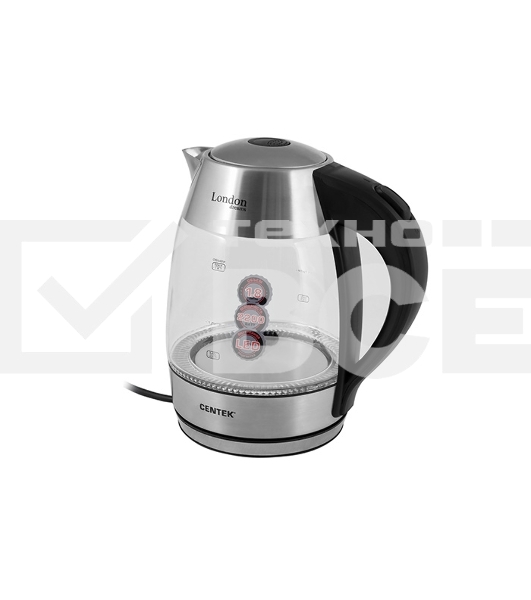 Чайник Centek CT-0059 London, стекло, 1.8л, 2200Вт, LED-подсветка, отделка нерж.