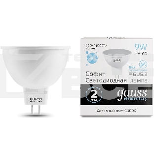 Лампа светодиодная Gauss Elementary MR16 9Вт цок.:GX5.3 спот 220B 6500K св.свеч.бел.хол. MR16 (упак.:10шт) (13539)