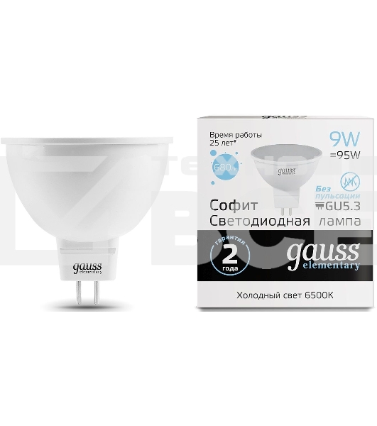 Лампа светодиодная Gauss Elementary MR16 9Вт цок.:GX5.3 спот 220B 6500K св.свеч.бел.хол. MR16 (упак.:10шт) (13539)