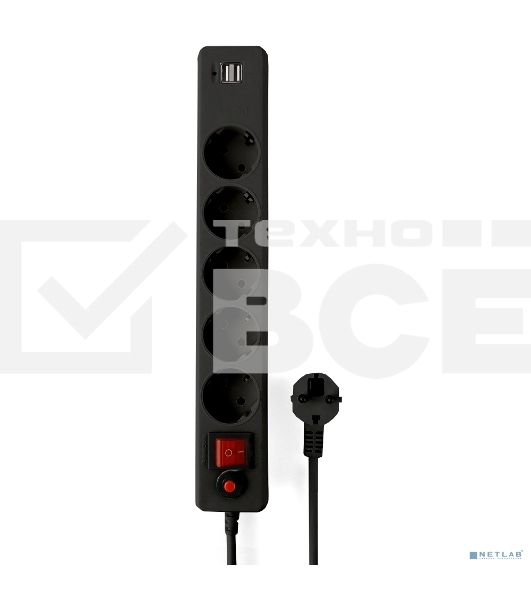 Сетевой фильтр Гарнизон 5р, 10А, 2xUSB, 1.8м, ур.защиты 4, черный, пакет