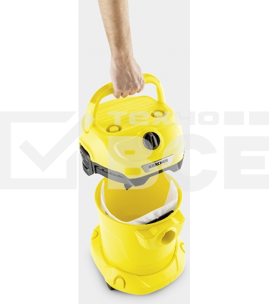 Строительный пылесос Karcher WD 2 Plus V-12/4/18 желтый, 1000 Вт, уборка сухая/сбор воды, пылесборник мешок/контейнер, 12 л