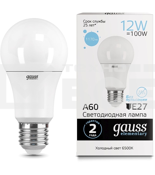 Лампа светодиодная Gauss Elementary 12Вт цок.: E27 груша 220B 6500K св. свеч. бел. хол. A60 (упак.: 10 шт) (23232)