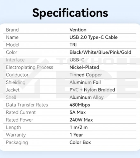 Кабель Vention USB 2.0 CM/CM - 2м. черный 5А PD240W, шт.