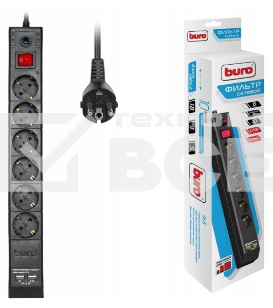 Сетевой фильтр Buro BU-SP1.8_USB_2A-B 1.8м (6 розеток) черный (коробка)