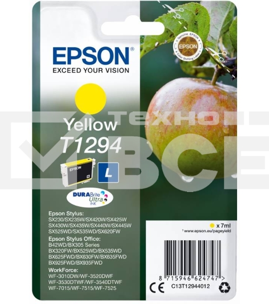 Картридж струйный Epson T1294 (C13T12944012/C13T12944011/C13T12944010) желтый, 7 мл., для SX420/425/525WD/B42WD/BX320FW