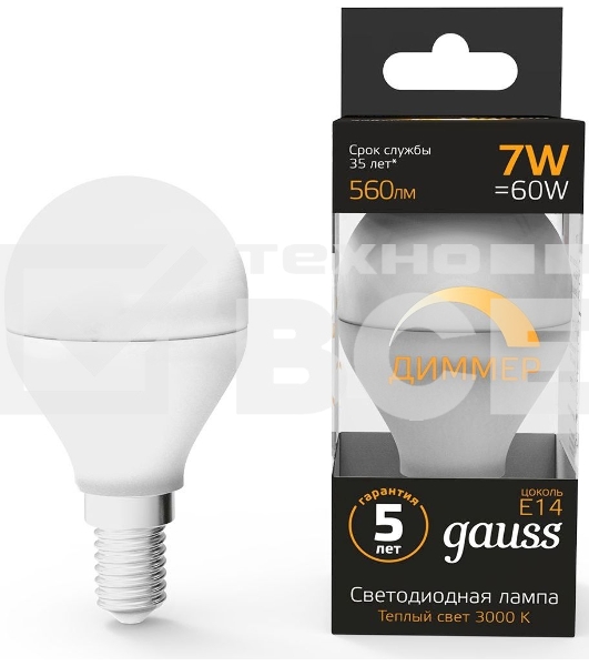 Лампа светодиодная Led Globe-dim E14 7Вт 3000К диммируемая Gauss 105101107-D