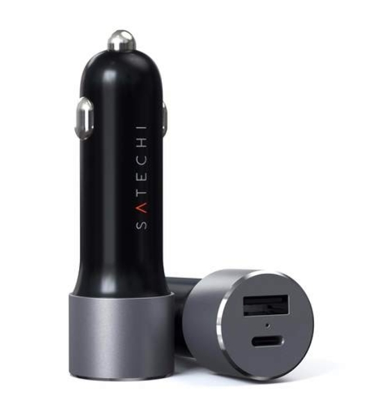 Автомобильное зарядное устройство Satechi 72W Type-C PD Car Charger. Входное напряжение 12В. Порты 1 x USB-A 12W, 1 x USB-C 60W.  серый космос.