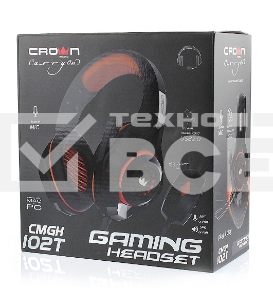 Наушники CROWN CMGH-102T Black&orange (Подключение USB, встроенная аудио карта, Частотныи диапазон: 20Гц-20,000 Гц,Кабель 2.1м,Размер D 250мм)