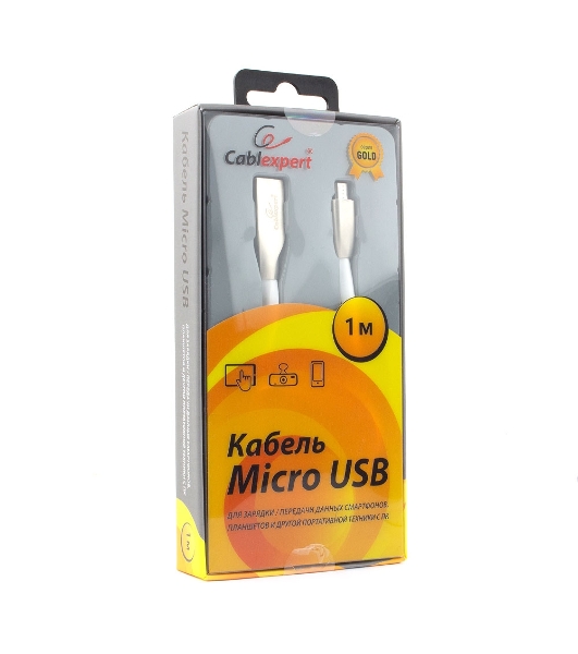 Кабель USB 2.0 Cablexpert CC-G-mUSB01W-1M, AM/microB, серия Gold, длина 1м, белый, блистер