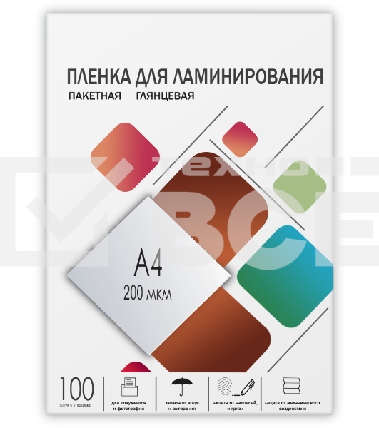 Пленка для ламинирования A4, 216х303 (200 мкм) глянцевая 100шт, ГЕЛЕОС [LPA4-200]