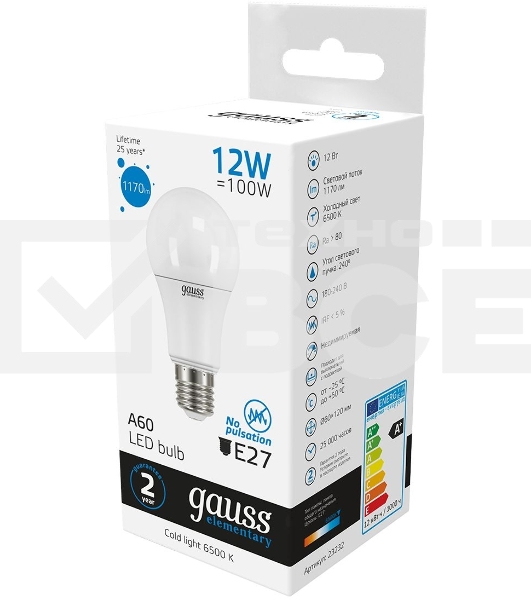 Лампа светодиодная Gauss Elementary 12Вт цок.: E27 груша 220B 6500K св. свеч. бел. хол. A60 (упак.: 10 шт) (23232)