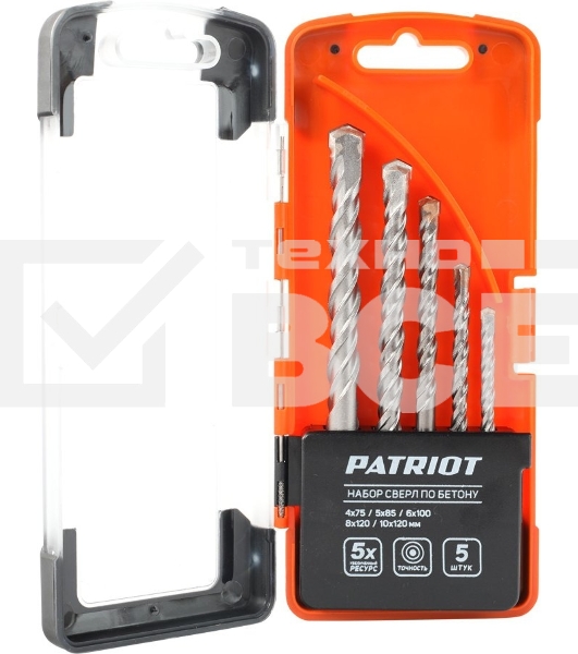 Набор сверл по бетону PATRIOT, 5 шт:4x75мм, 5x85мм, 6x100мм, 8x120мм, 10x120мм, в боксе