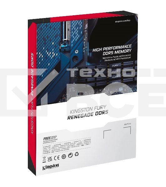 Оперативная память Kingston Fury Renegade, DDR5, 48GB (2x24GB), 7200MHz, CL38, DIMM, с радиатором, серебристый/чёрный