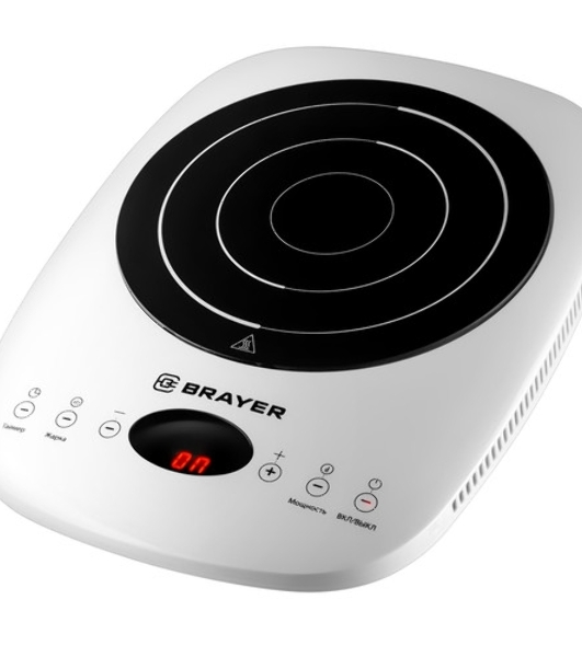 Плита настольная электрическая BRAYER BR2802 белый, 2 кВт, индукция, конфорки - 1, стеклокерамика, сенсор