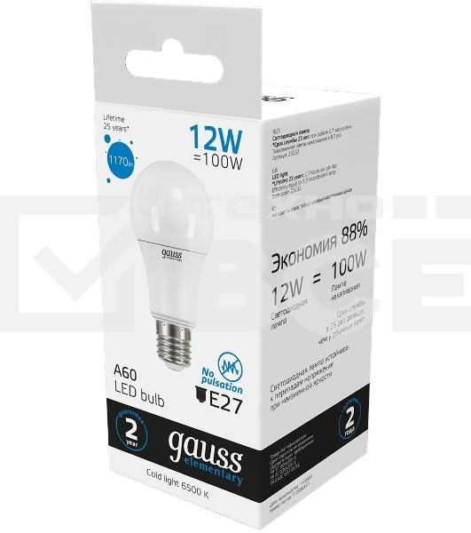 Лампа светодиодная Gauss Elementary 12Вт цок.: E27 груша 220B 6500K св. свеч. бел. хол. A60 (упак.: 10 шт) (23232)