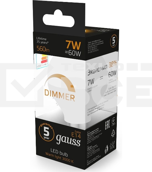 Лампа светодиодная Led Globe-dim E14 7Вт 3000К диммируемая Gauss 105101107-D