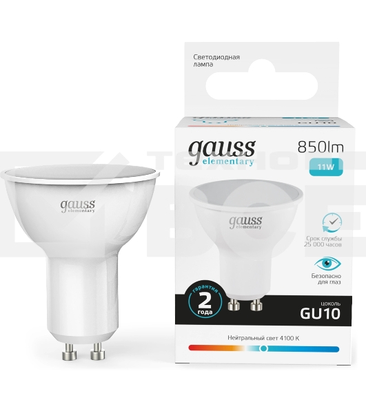 Лампа светодиодная Gauss Elementary 13621 11Вт цок.:GU10 софит 180B св.свеч.бел.нейт. MR16 (упак.:10шт)