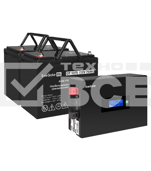Комплект источника бесперебойного питания Exegate EX295994RUS + батарея 75Aч EX282983RUS 2шт (инвертор, синус, для котла, PF=1, настенный) ExeGate IdealSine SR-1500.LCD.2SH  <1500VA/1500W, чистая синусоида, цветной LCD-дисплей, 2*Schuko, крепление настенн