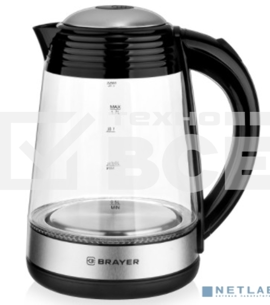 Чайник электрический BRAYER BR1012 2200 Вт, 1.7 л, высококач.стекло, подсвет, автоотключ при закипании