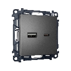 Комплект механизма розетки ALFA Антрацит серый 2USB A+C 20W (быстрая зарядка) QUANT (AP6610, VM177) MA661010, фото 1