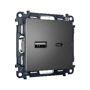 Комплект механизма розетки ALFA Антрацит серый 2USB A+C 20W (быстрая зарядка) QUANT (AP6610, VM177) MA661010