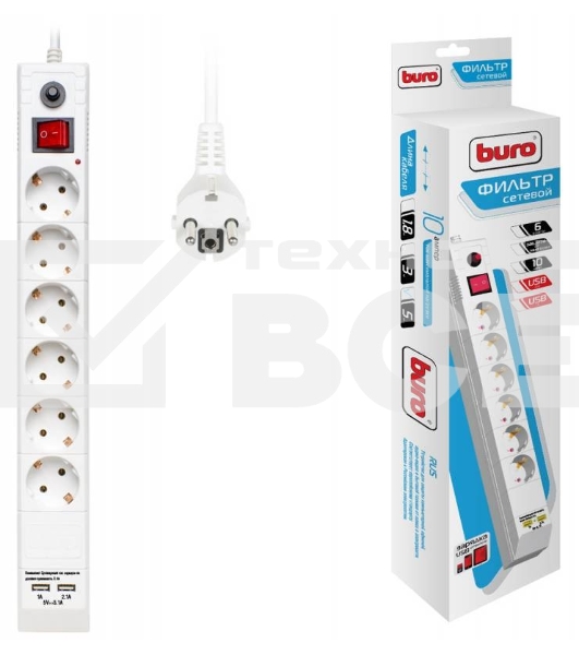 Сетевой фильтр Buro BU-SP5_USB_2A-W 5м (6 розеток) белый (коробка)