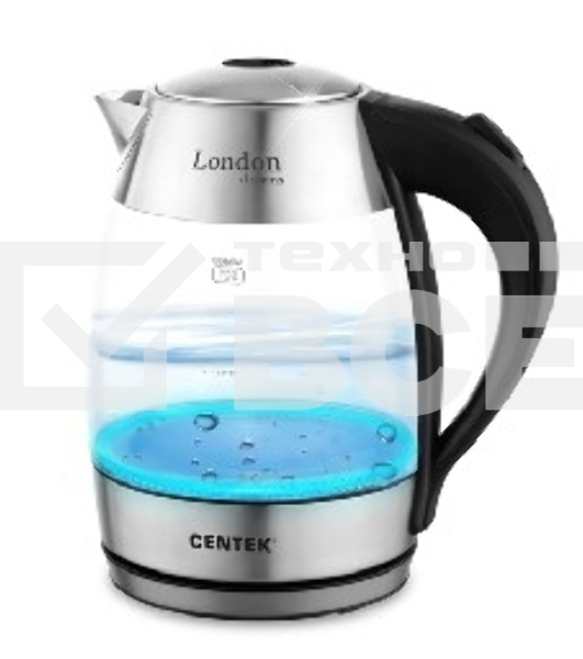 Чайник Centek CT-0059 London, стекло, 1.8л, 2200Вт, LED-подсветка, отделка нерж.