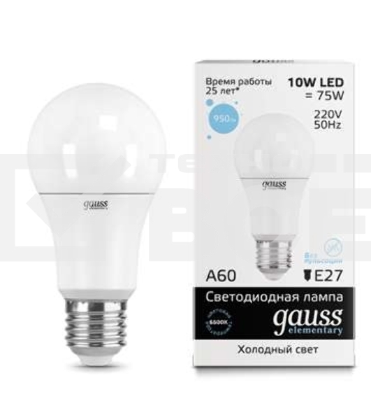 Лампа светодиодная LED Elementary A60 10Вт E27 6500К Gauss 23230