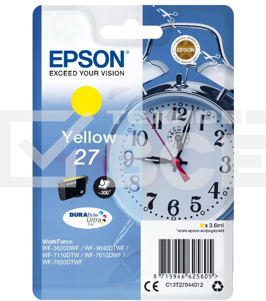 Картридж струйный Epson T2704 (C13T27044022/C13T27044020) желтый, 300 стр., для WF7110/7610/7620 (300стр.)