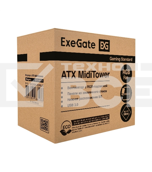 Компьютерный корпус Miditower ExeGate EVO-9211 (ATX, без БП, с окном, 2хUSB+1хUSB 3.0, HD аудио, черный, 1 вент. с RGb подсветкой)
