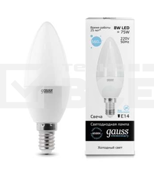 Лампа светодиодная LED 8Вт E14 220В 6500К Elementary свеча 33138 Gauss