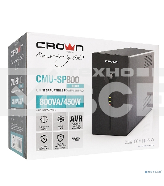 Источник бесперебойного питания CROWN ИБП CMU-SP800EURO {800VA, металл,1x12V/9AH, розетки 3*EURO+1*IEC bybas} CM000001492
