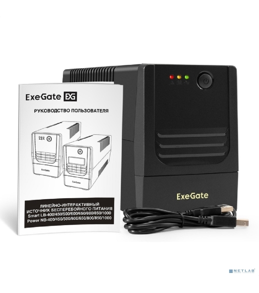 Источник бесперебойного питания ExeGate Power NB-1000.LED.AVR.2SH.USB (1000VA/650W, LED, AVR, 2*Schuko, USB, батарея 12V 9Ah, черный)