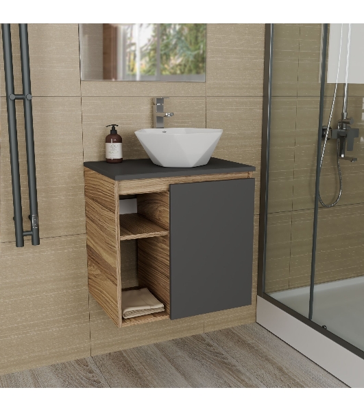 Тумба Bau Dream Blackwood 60 правая, графит, раковина BAU Crystal 40х40, смеситель для раковины высокий Hotel Still, нержавеющая сталь