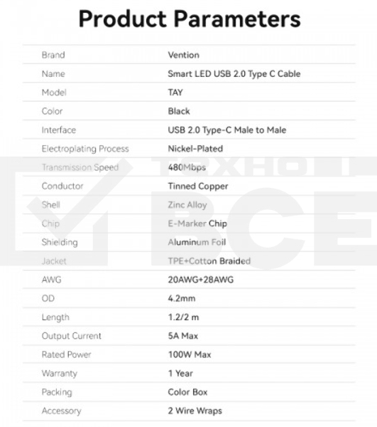 Кабель Vention USB 2.0 CM/CM с LED дисплеем - 1.2м. черный 5А PD100W, шт.