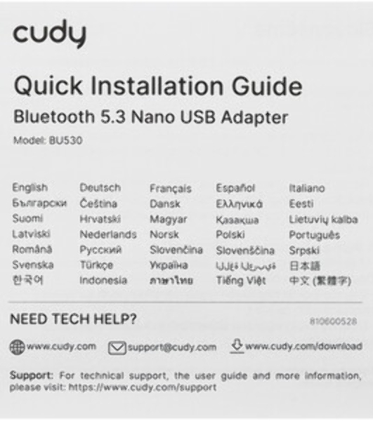 Адаптер беспроводной связи CUDY Bluetooth 5.3 Nano USB Adapter, Nano Size, USB 2.0, Windows 11/10/8.1/7 