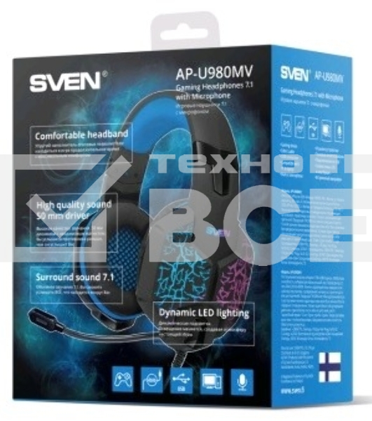 Гарнитура SVEN AP-U980MV, черный-синий (USB, LED, 7.1, 2.2m)