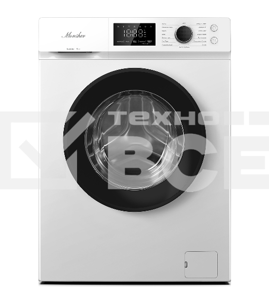 Стиральная машина MONSHER MWM 500 Blanc, отдельностоящая, фронтальная, 16 программ, загрузка 9 кг, 1200 об/мин, сенсорное/механическое управление, инверторный двигатель, отложенный старт, блокировка от детей, энергоэффективность А+++, цвет белый