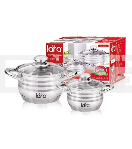Набор посуды LARA LR02-101 Sonata 4пр. LR02-101 Набор посуды LARA Sonata, 4 пр., (кастр. 2.9 л + 4.9 л ) стеклян. крышки